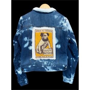 Sherpa Lined Bleached Denim Jacket Bulldog Patch‎ XL